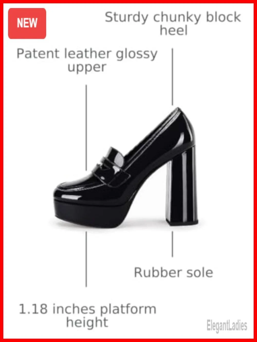Chunky Platform Loafers Women's Heels Patent Leather Closed Toe Block Heel